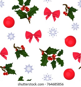 Seamless New Year and Christmas pattern. Pattern with holly, bows, Christmas balls and snowflakes