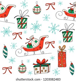 Seamless New Year and Christmas vector doodles pattern on white background with set of winter holidays elements - sleigh, gifts, presents, christmas balls, snowflakes