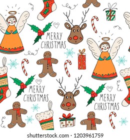 Seamless New Year and Christmas vector doodles pattern on white background with set of winter holidays elements - cute angel, deer, sock, mistletoe, candy, snowflakes, gift