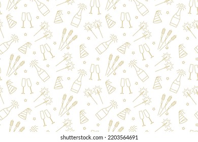 seamless New Year Eve golden pattern with champagne bottle, glasses, fireworks, sparklers and party hat- vector illustration