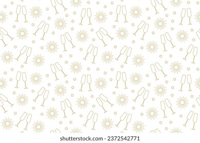 seamless New Year Eve golden pattern with champagne glasses, fireworks and stars- vector illustration