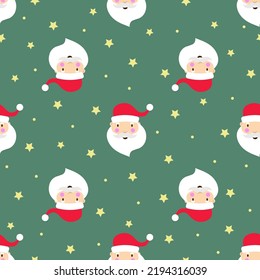 Seamless new year holiday vector pattern with santaclaus head in red hat and beard on green background with yellow stars for textile and wrapping paper