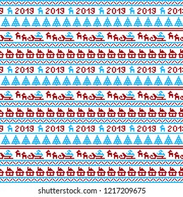 seamless new year pattern. Christmas tree, sleigh, house, deer blue and red. pixel