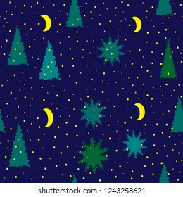 Seamless New Year pattern with Christmas trees, stars and half moon on a dark blue background.