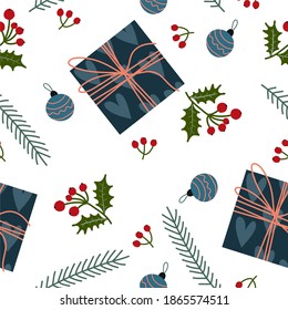 Seamless new year pattern. Christmas toys, mistletoe, red berries, green leaves and fir branches, ideal for drawing on fabric, paper or interior decoration