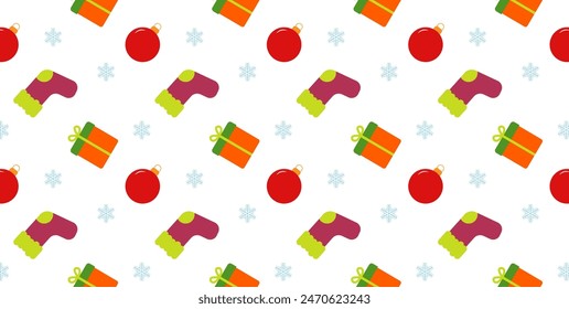 Patrón de Año Nuevo sin costuras con bolas de árbol de Navidad, copos de nieve, regalos sobre fondo blanco. Nuevo año. Navidades. Patrón de tela. Papel de embalaje. Ilustración vectorial 