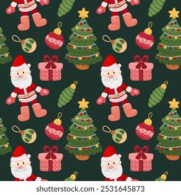 Nahtloses Neujahrsmuster mit Weihnachtsstimmung und Weihnachtsmann, Weihnachtsbaum, Neujahrsspielzeug, Geschenk, flacher Stil. Helles Design für Verpackungen, Textilien und andere Produkte. Illustration