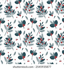 Patrón inconsútil del año Nuevo de las ramas del árbol de navidad, viburnum, hojas, para el diseño del empaquetado, tela, Vector