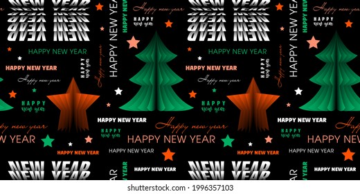 Seamless New Year pattern with congratulations text, Christmas trees and stars. Merry Christmas ornament on black background. Flip pages effect for print on Xmas holiday. Vector stock illustration.