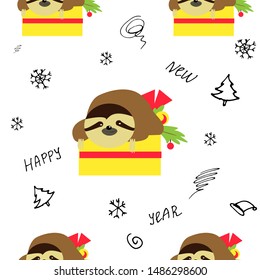 Seamless new year pattern cute sloth in gift box On white background. For textiles, packaging, carton, cardboard, wrapping paper and other. Cartoon style. Vector