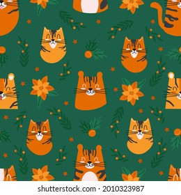 Seamless New Year pattern with cute orange tigers characters and Christmas tree decorations. Cartoon vector childrens background