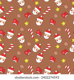 seamless New Year pattern with elements of santa, candy cane, cookies. Vector illustration