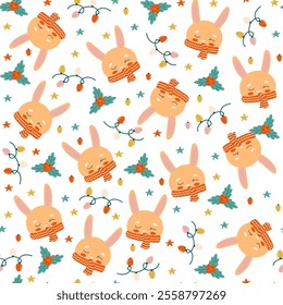 Seamless New Year pattern featuring festive bunnies, gifts, snowflakes, and magical details in a flat style. Perfect for packaging, wrapping paper, tablecloths, and decor, creating a cozy and cheerful