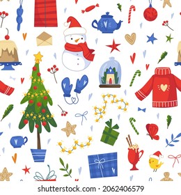 Seamless New Year pattern with fir tree, sweater, gifts, wreath, snowman, garland and Christmas decor. Vector illustration in cartoon childish style