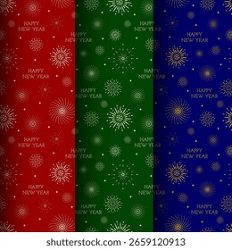 Seamless New Year pattern with fireworks and Happy New Year inscription on red, green and blue background. For packaging, bags, backgrounds and boxes
