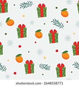 Seamless New Year pattern with gift boxes, tangerines and snowflakes