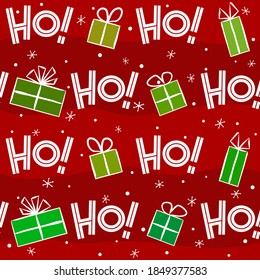 Seamless new year pattern with gifts and phrase ho ho ho. Christmas gift background in red and green colors and white snowflakes. Vector illustration