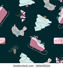 
seamless new year pattern with gifts on a dark background. print for the design of notebooks, fabric, wrapping paper, holiday cards. vector children's drawing with a hare, sleigh, christmas tree.