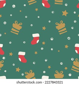 Seamless New Year pattern with gifts and a Christmas sock for wrapping paper, fabrics and postcards. Vector illustration in a flat style.