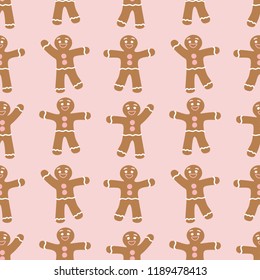 Seamless New Year pattern. Ginger figurines. Pattern with dancing gingerbread men. Figures on a pink background. Merry Christmas. Vector illustration. Packaging paper, textiles, fabric, clothing.