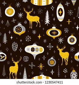 Seamless New Year pattern with golden deers, balls and snowflakes.Vector texture