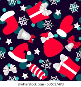 Seamless. New Year pattern. Greeting packaging. Festive wrapping paper. Sock. Mitten. Gift. Snowflake. Bow. Bell. Candy. Bag. Winter Holidays Decoration. Vector set. background.