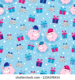 Seamless new year pattern with images of piglets, bells, and gift boxes.
