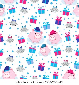Seamless new year pattern with images of piglets, bells, and gift boxes.

