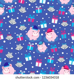 Seamless new year pattern with images of piglets, bells, and gift boxes.
