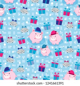 Seamless new year pattern with images of piglets, bells, and gift boxes.
