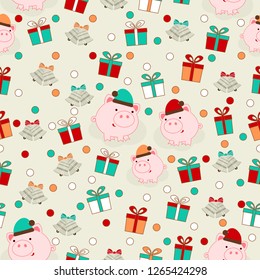 Seamless new year pattern with images of piglets, bells, and gift boxes.
