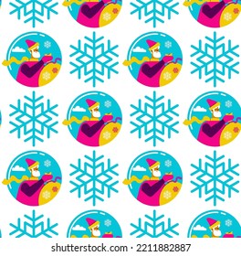 Seamless new year pattern made of Santa wiith gifts and snowflake, holiday vector christmas clipart, modern tech flat style illustration