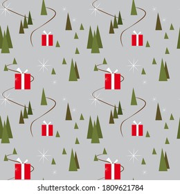 Seamless New Year pattern minimalism of a Christmas tree and red gifts on a gray background. Flat illustration