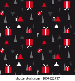 Seamless New Year pattern minimalism of a Christmas tree and red gifts on a black background. Flat illustration