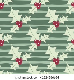 Seamless new year pattern with mistletoe xmas branches. Stripped background. Red berries. Winter print. Perfect for wallpaper, textile, wrapping paper, fabric print. Vector illustration.