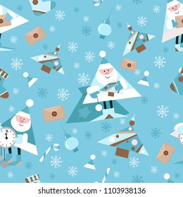 Seamless New Year pattern on  blue background. Candys, christmas tree and snowflake. vector illustration