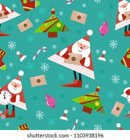 Seamless New Year pattern on  green background. Candys, christmas tree and snowflake. vector illustration