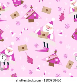 Seamless New Year pattern on  pink background. Candys, christmas tree and snowflake. vector illustration