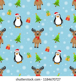 Seamless New Year pattern on a blue background. Penguin in santa claus hat, cute deer in a red scarf, Christmas tree, snowflakes and a gift. Christmas theme. Vector illustration for children.