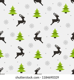 Seamless New Year pattern on a gray  background. Reindeer, christmas tree and snowflaks. Ornament for gift wrapping paper, fabric, textile, wallpaper, clothes,  surface textures, scrapbook. Vector.