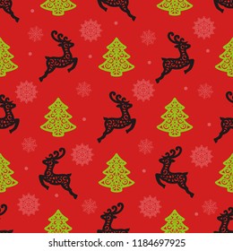 Seamless New Year pattern on a red  background. Lace reindeer, christmas tree and snowflaks. Ornament for gift wrapping paper, fabric, textile, wallpaper, clothes,  surface textures, scrapbook. Vector