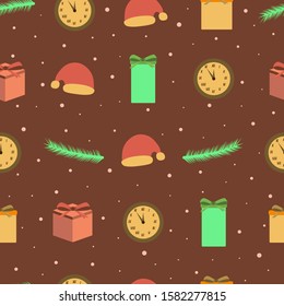 Seamless New Year pattern on a beige background with spruce branches, gift, Santa Claus hat, clock, snow. Paper packaging, print for fabric, vector illustration. Merry christmas and a happy new year