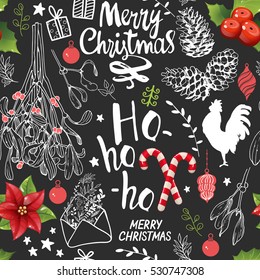 Seamless new year pattern on black background. Christmas vector illustration set in sketch style. Beautiful funny symbols, cock, mistletoe, pine branch and holiday lettering.