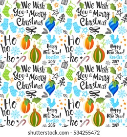 Seamless new year pattern on white background. Christmas vector illustration set in sketch style. Beautiful funny symbols, cock, mistletoe, pine branch and holiday lettering.