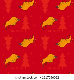 Seamless new year pattern red background with yellow bull symbol of the new year 2021 on the eastern calendar