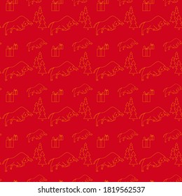 Seamless new year pattern red background with yellow bull symbol of the new year 2021 on the eastern calendar