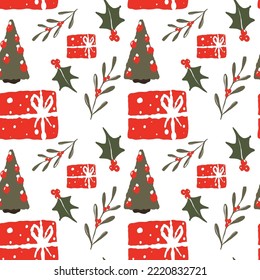 Patrón de Año Nuevo sin foco en tonos rojos. Imprimir para imprimir en tela y papel de envoltura. fondo festivo. regalo rojo, ramita de año nuevo