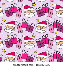 Seamless new year pattern with Santa Claus and gifts. Christmas gift background in pink and lilac colors. Cute Santa and stars. Vector illustration