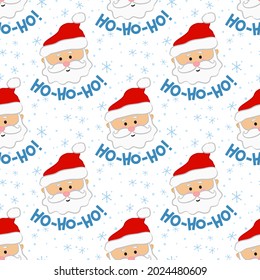 Seamless new year pattern with Santa Claus and phrase ho ho ho. Christmas gift background in blue and red colors. Vector illustration