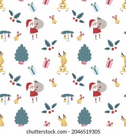 Seamless New Year pattern. Santa Claus and reindeer.Christmas tree and gift. Print for clothing.